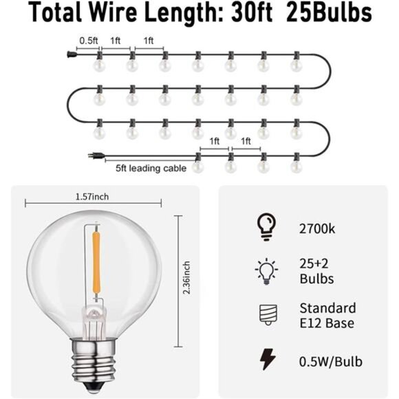 Led String Lights Outdoor 30ft Patio Lights Waterproof with 27 G40 Shatterproof - Picture 2 of 7